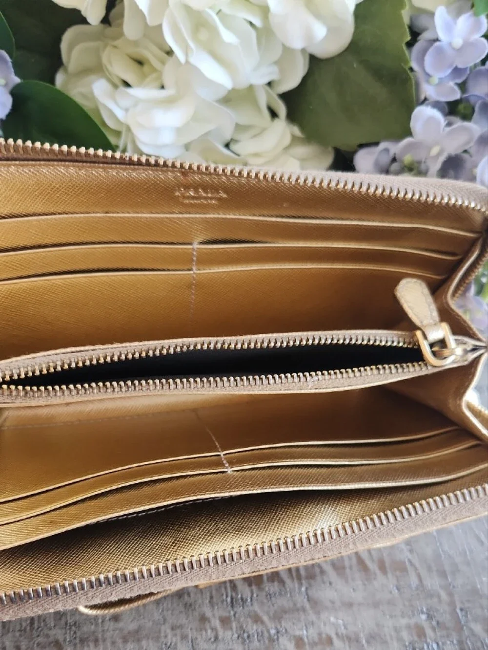 Prada Metallic Gold Bow Zip-Around Wallet
